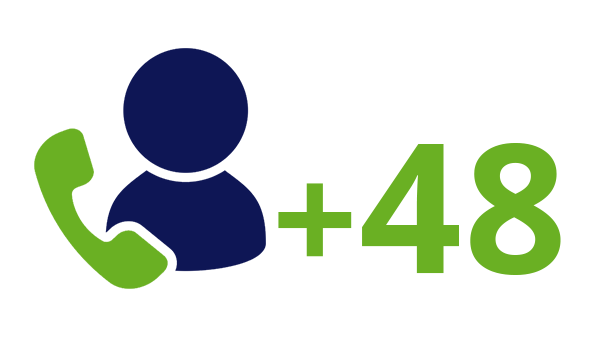 Landnummer Polen +48 - donkerblauw pictogram persoon - groene telefoon - groen landnummer - op transparante achtergrond - 600 * 337 pixels 